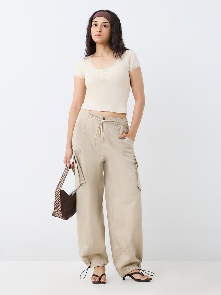 Nuon Beige Ribbed-Textured Top