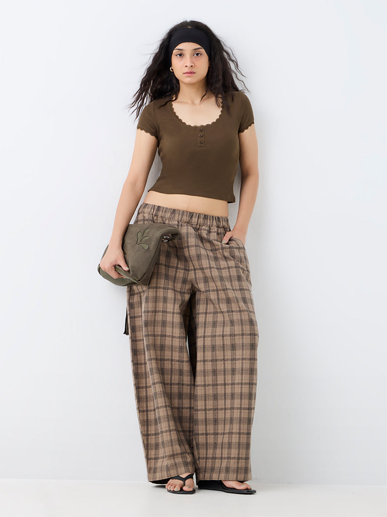 Nuon Olive Ribbed-Textured Top