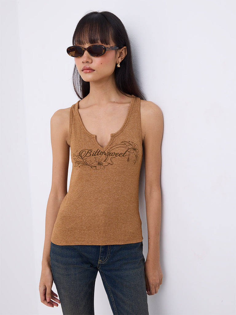 Nuon Dark Mustard Text Printed Ribbed Cotton Top