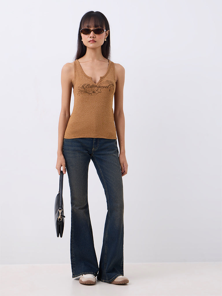 Nuon Dark Mustard Text Printed Ribbed Cotton Top