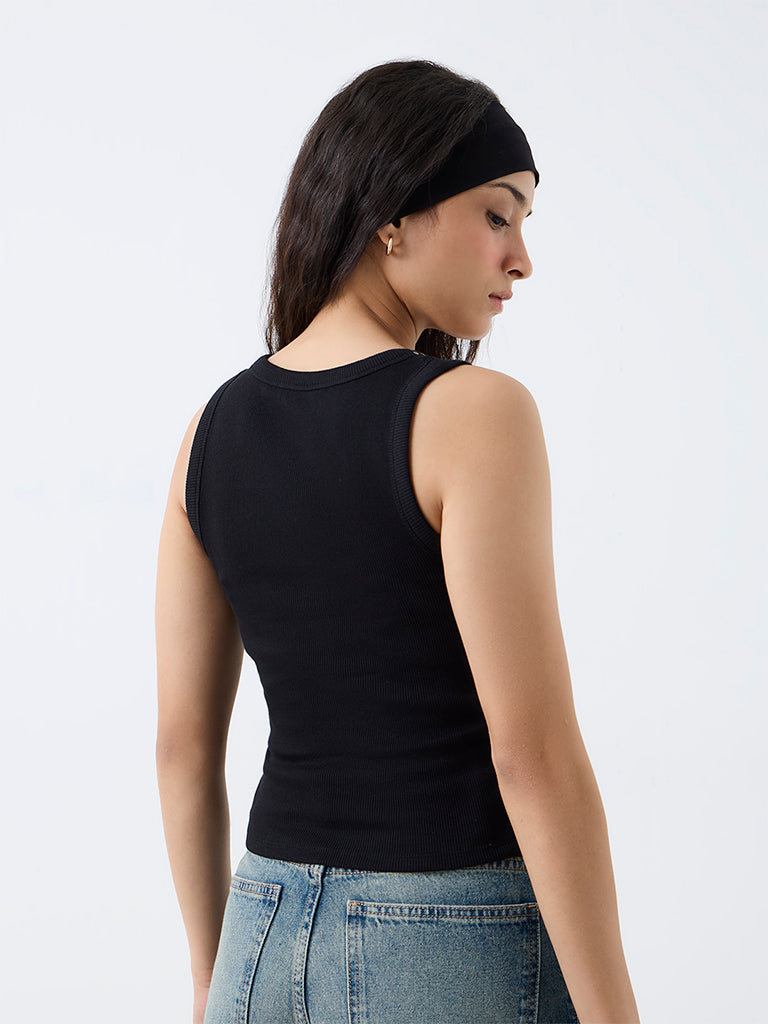 Nuon Black Stud-Detailed Ribbed Cotton Tank Top