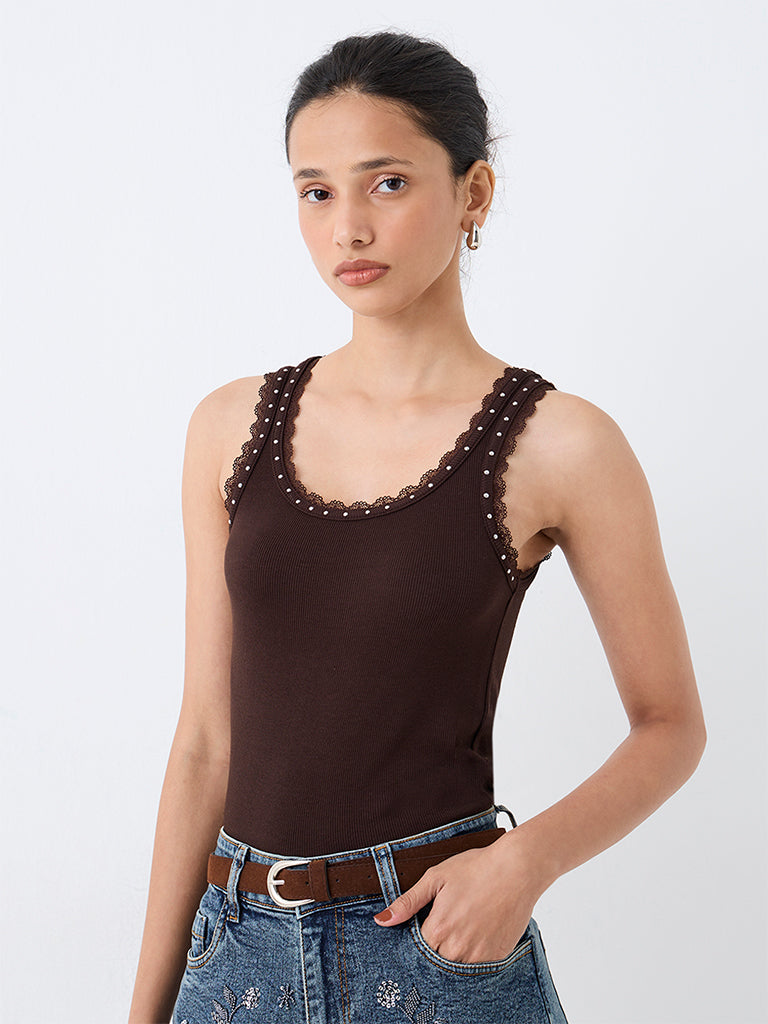LOV Dark Brown Lace-Detail Ribbed Top