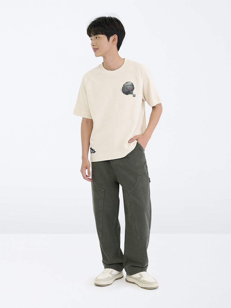 Boys Dark Olive Solid Mid-Rise Relaxed Fit Jeans
