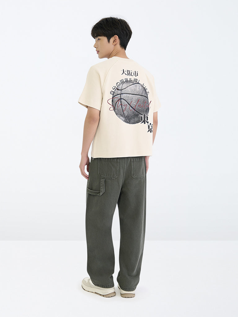 Boys Dark Olive Solid Mid-Rise Relaxed Fit Jeans