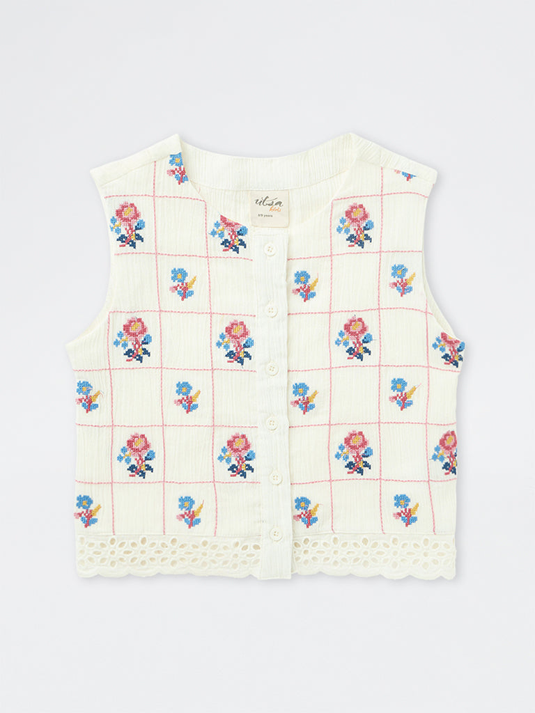 Utsa Kids Girls Off-White Floral Embroidered Crinkle-Textured Cotton Top (8-14 yrs)