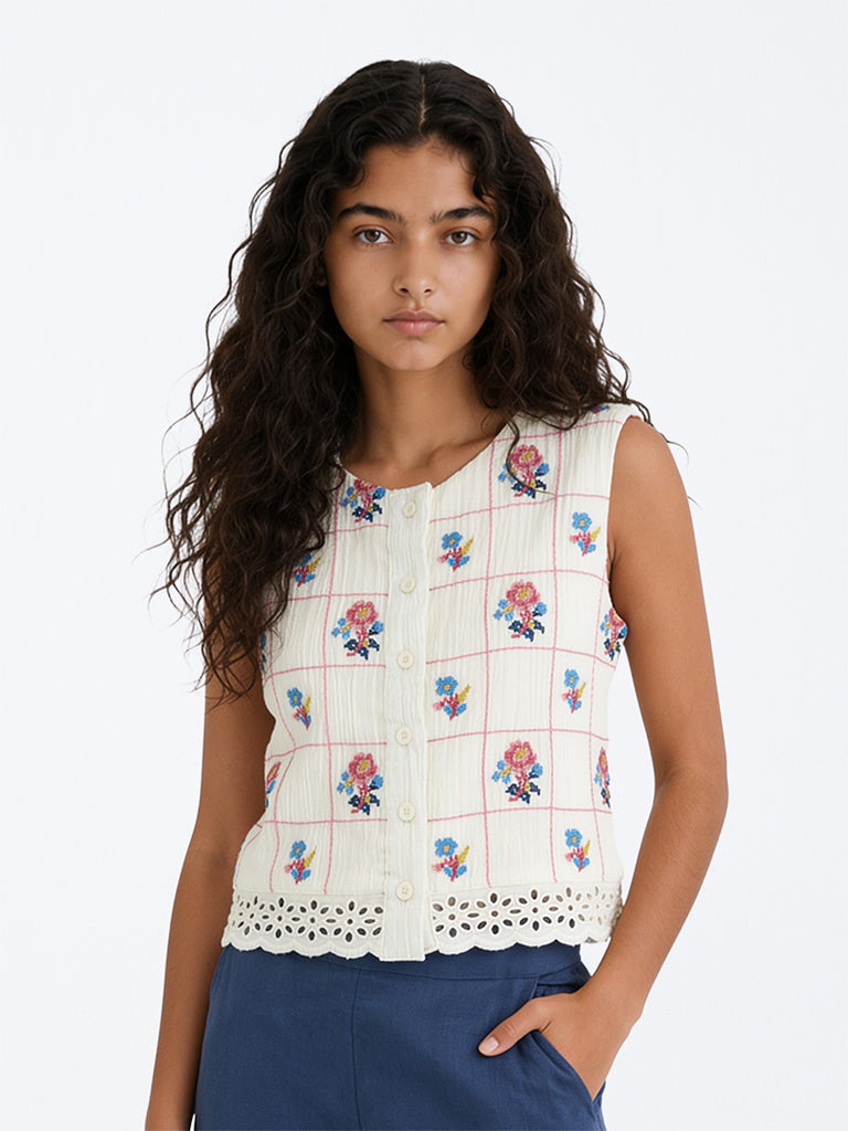 Utsa Kids Girls Off-White Floral Embroidered Crinkle-Textured Cotton Top (8-14 yrs)