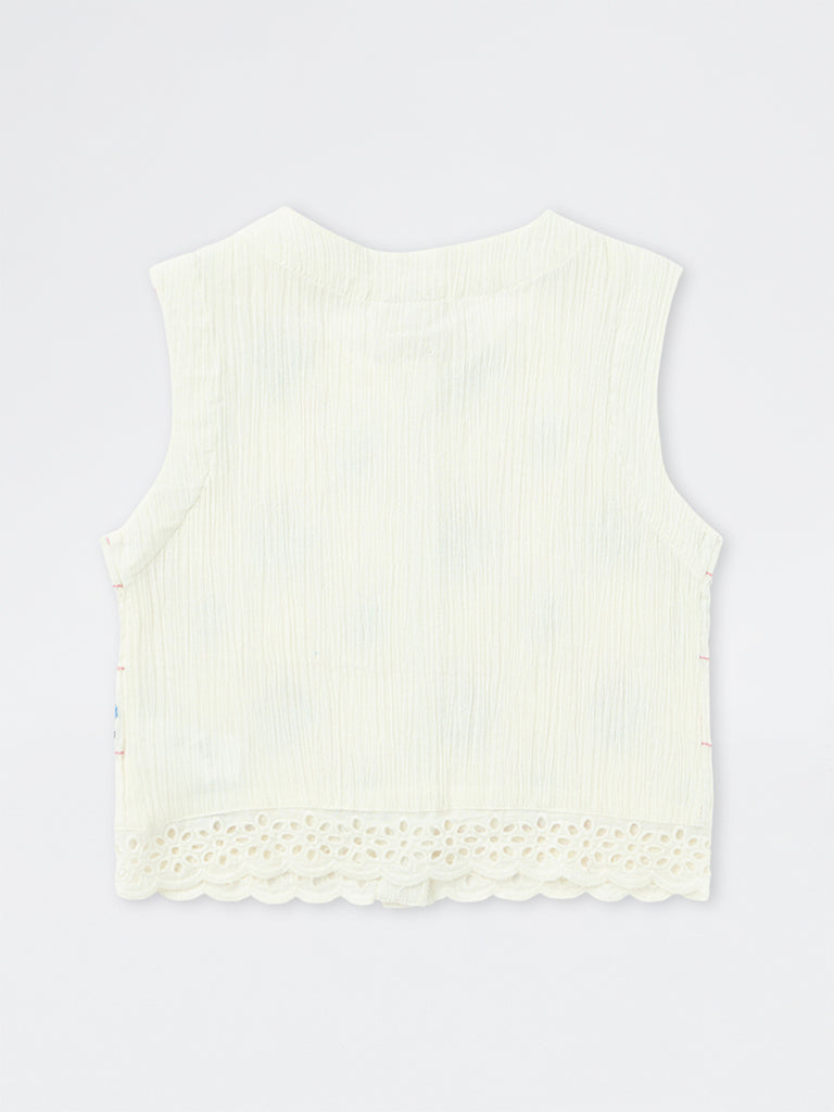 Utsa Kids Girls Off-White Floral Embroidered Crinkle-Textured Cotton Top (8-14 yrs)