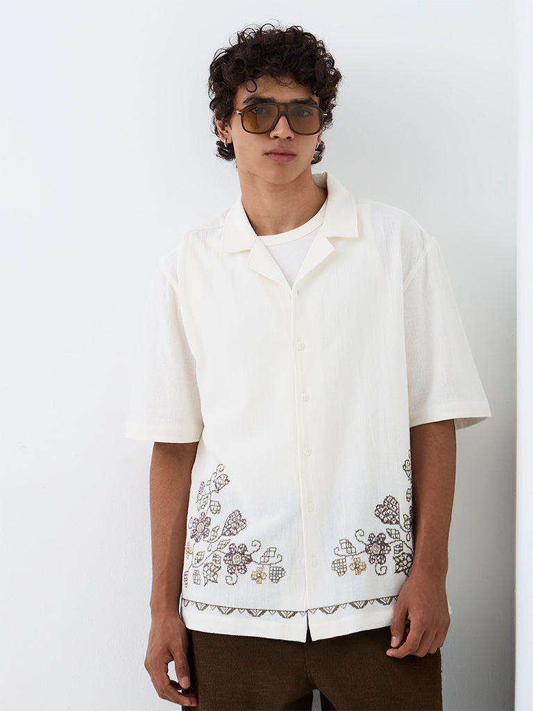 ETA White Floral Embroidered Relaxed-Fit Cotton Shirt
