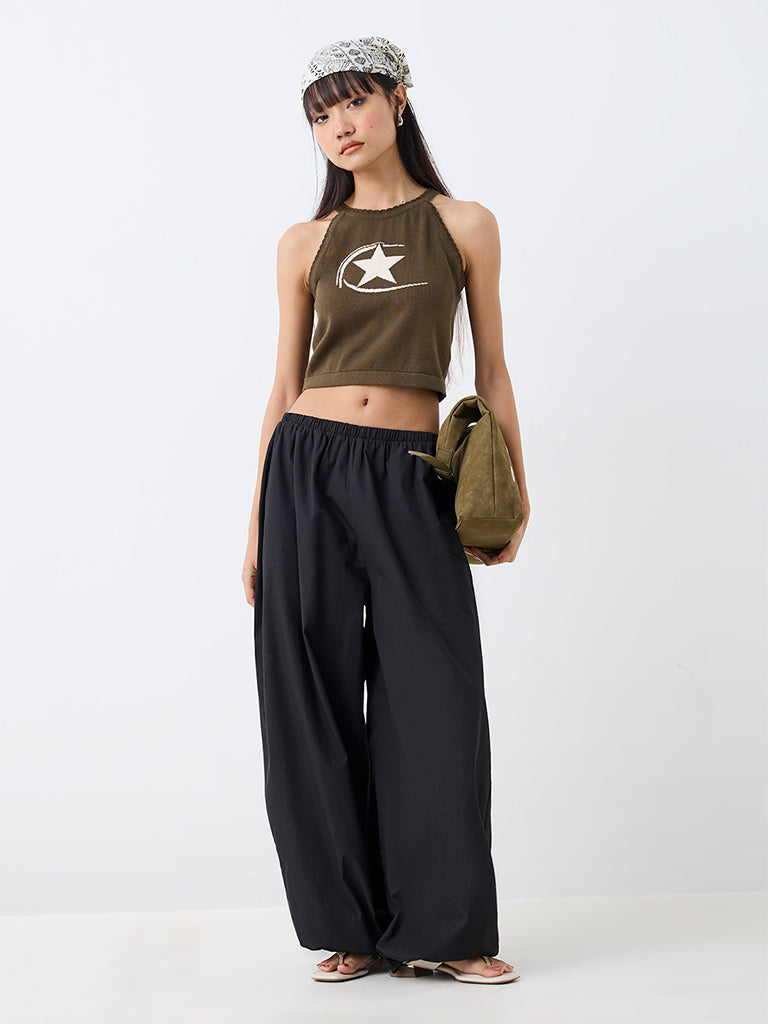 Nuon Black Solid High-Rise Balloon Pants