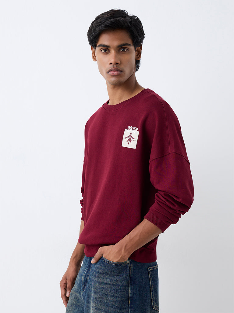 Nuon Burgundy Japanese-Theme Oversized Sweatshirt