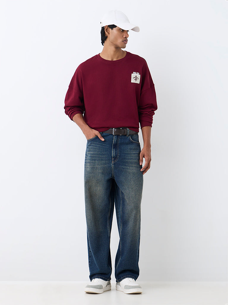Nuon Burgundy Japanese-Theme Oversized Sweatshirt