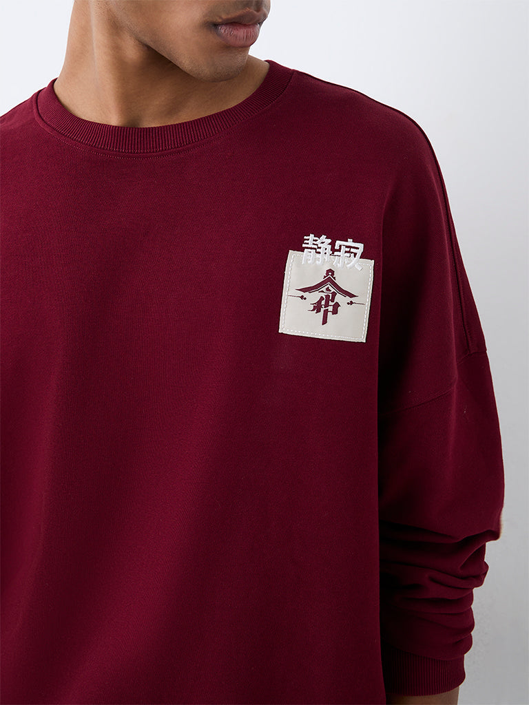 Nuon Burgundy Japanese-Theme Oversized Sweatshirt