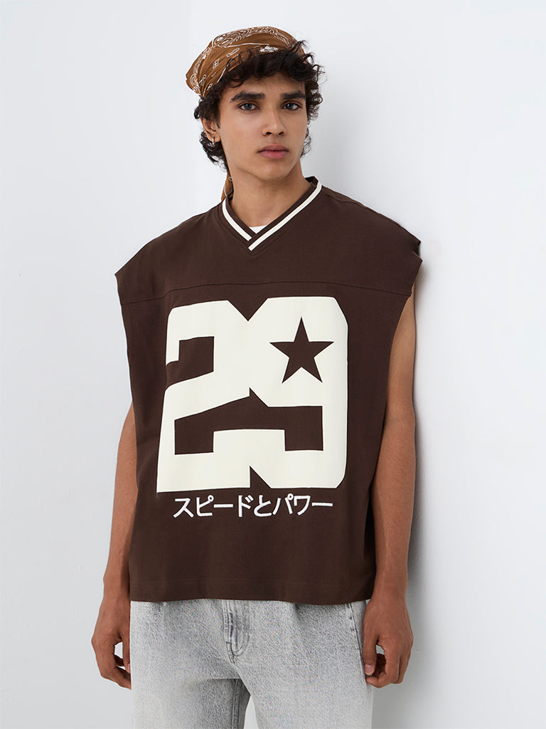 Nuon Brown Numerical Printed Oversized-Fit Cotton T-Shirt