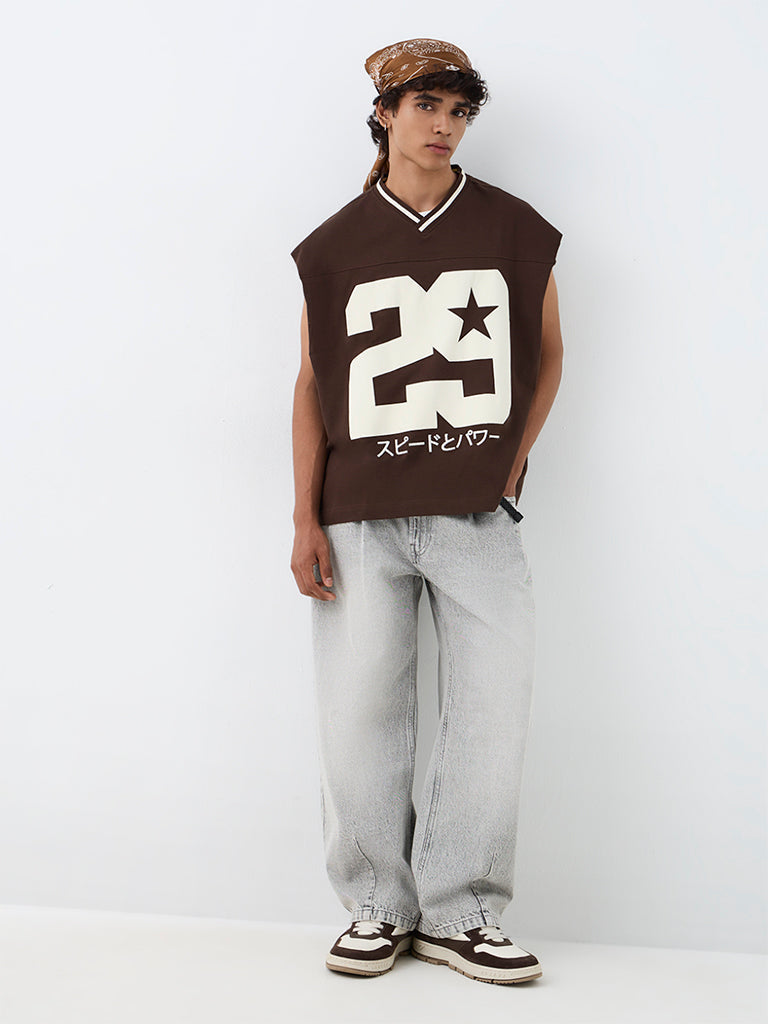 Nuon Brown Numerical Printed Oversized-Fit Cotton T-Shirt