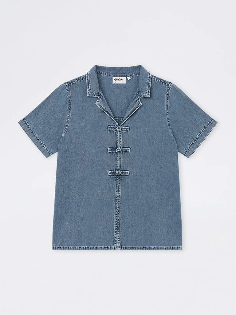 Gia Blue Washed Denim Blouse with Frog Fastening