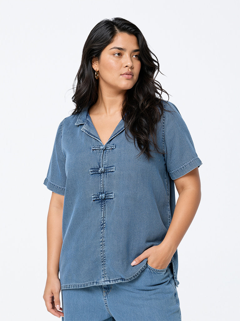 Gia Blue Washed Denim Blouse with Frog Fastening