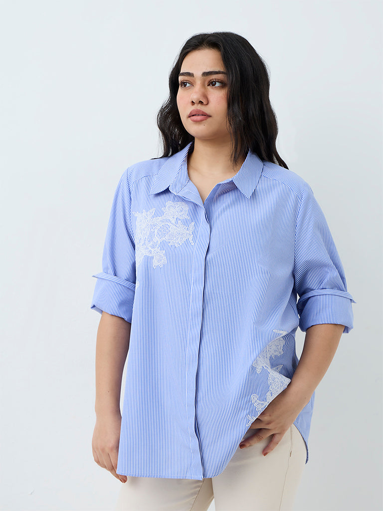 Gia Light Blue Floral Embroidered Cotton Shirt
