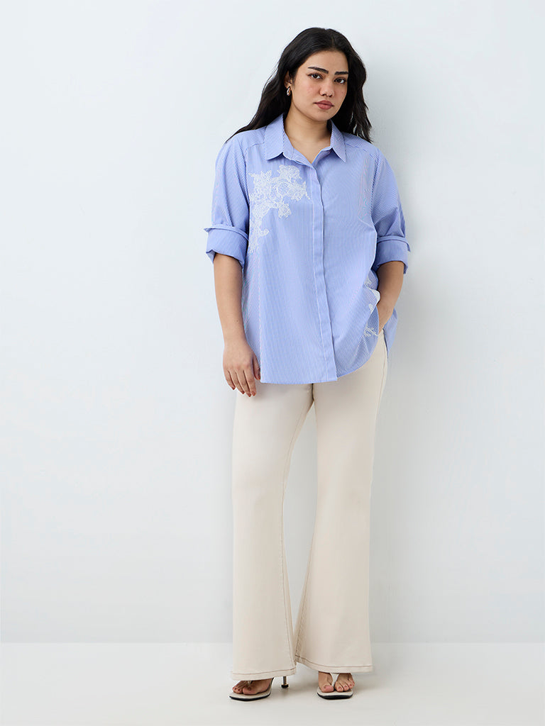 Gia Light Blue Floral Embroidered Cotton Shirt