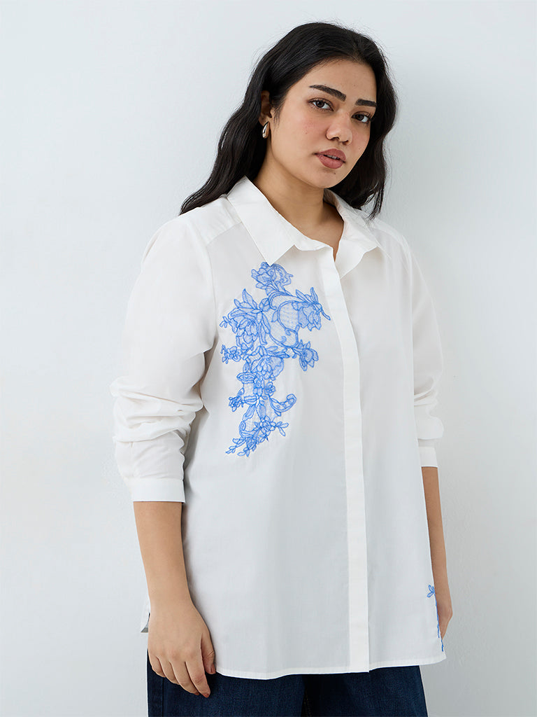 Gia White Floral Embroidered Cotton Shirt