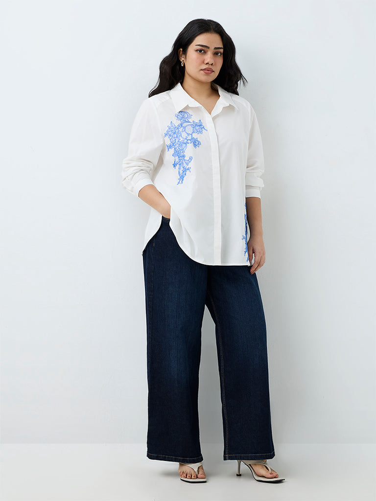 Gia White Floral Embroidered Cotton Shirt
