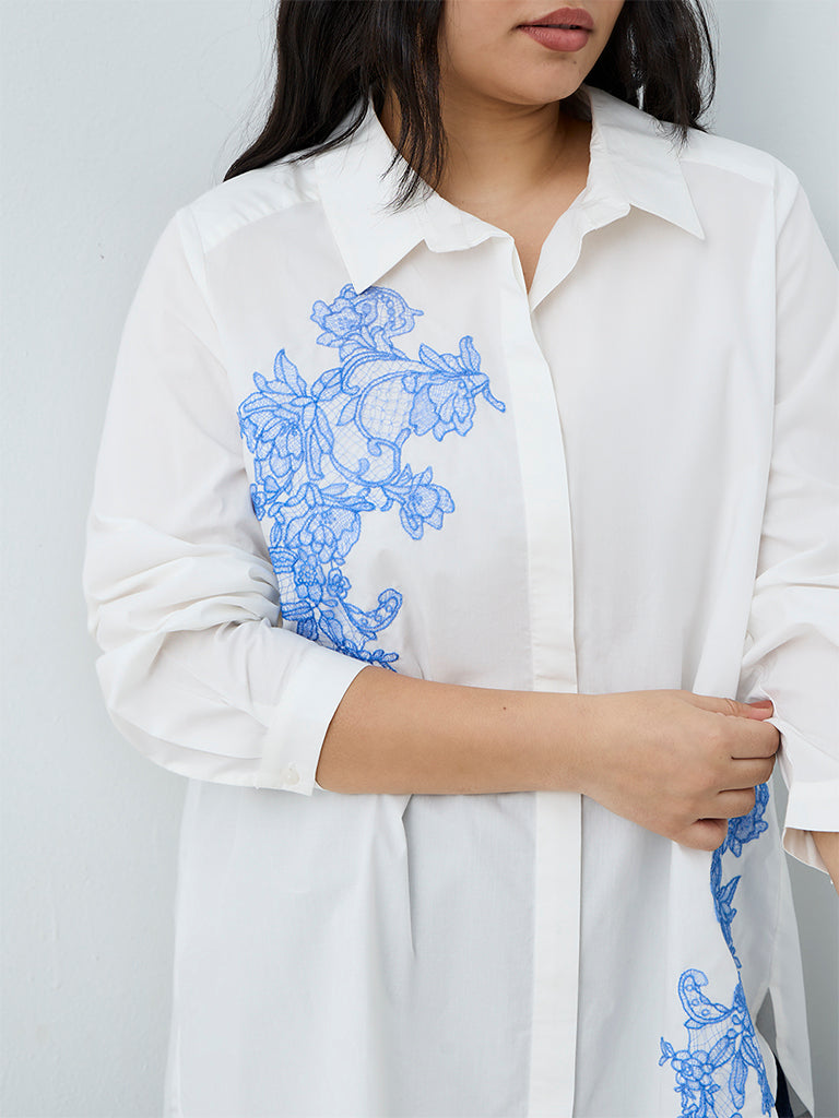 Gia White Floral Embroidered Cotton Shirt