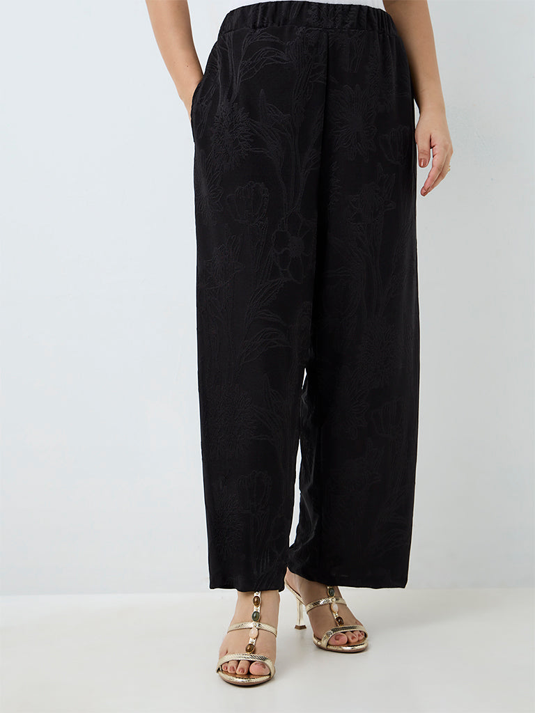 Gia Black Floral Jacquard High-Rise Cotton-Blend Pants