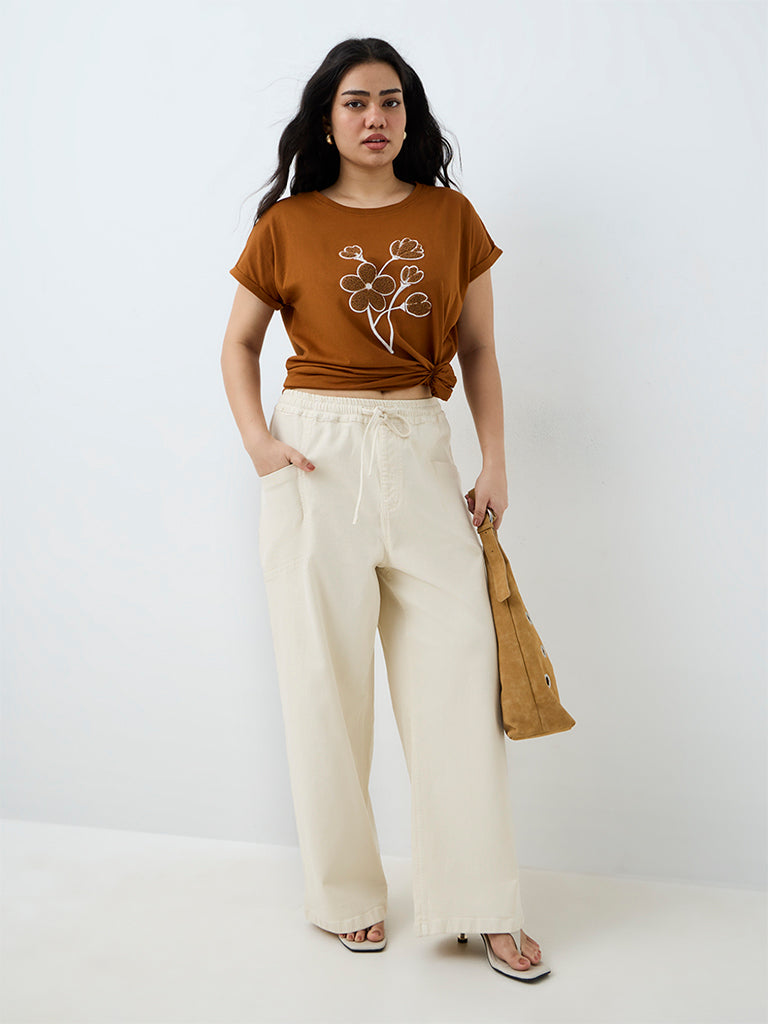 Gia Light Beige Solid High-Waist Jeans