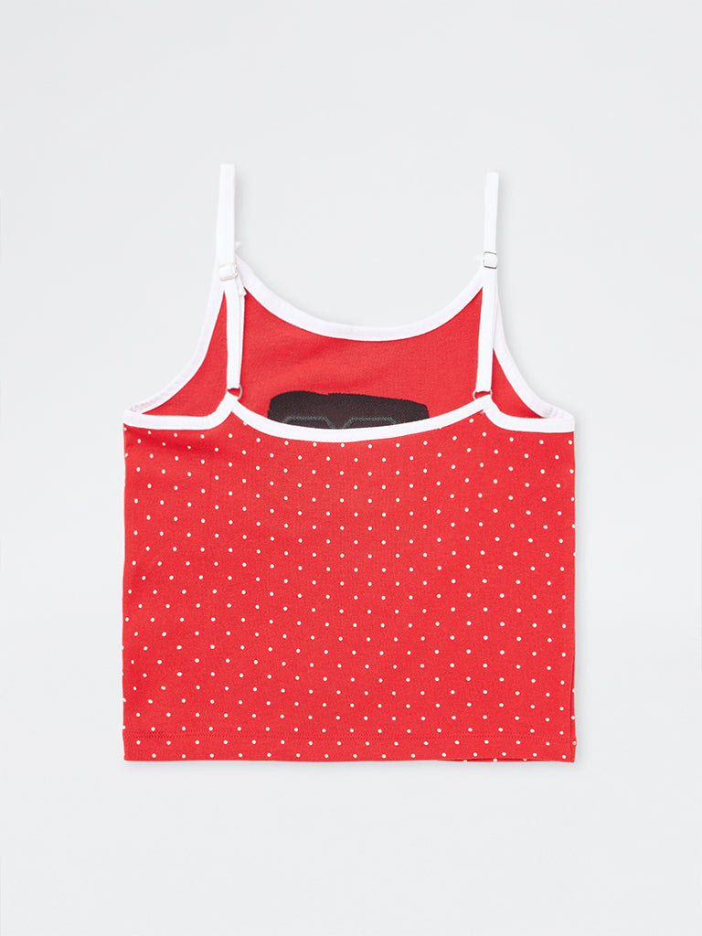 Girls Red Polka Dot Printed Cotton-Blend Top