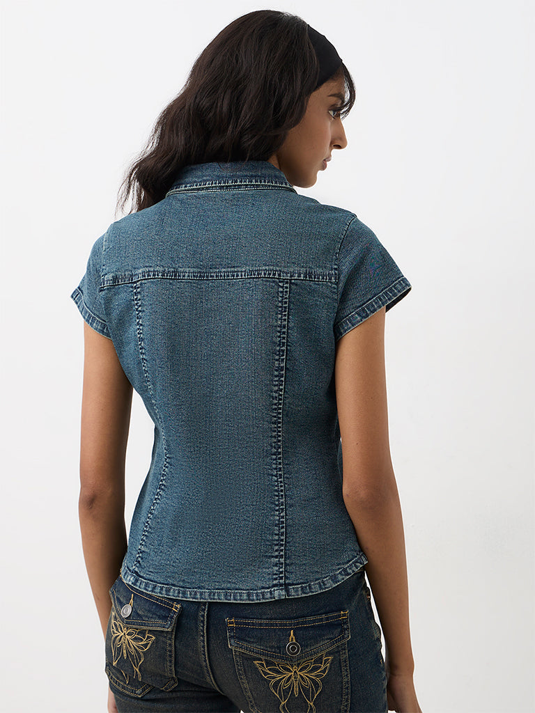Nuon Blue Zipper-Detail Denim Top