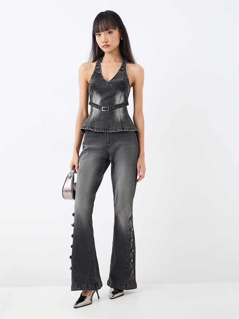 Nuon Charcoal Washed Belt-Detail Denim Top