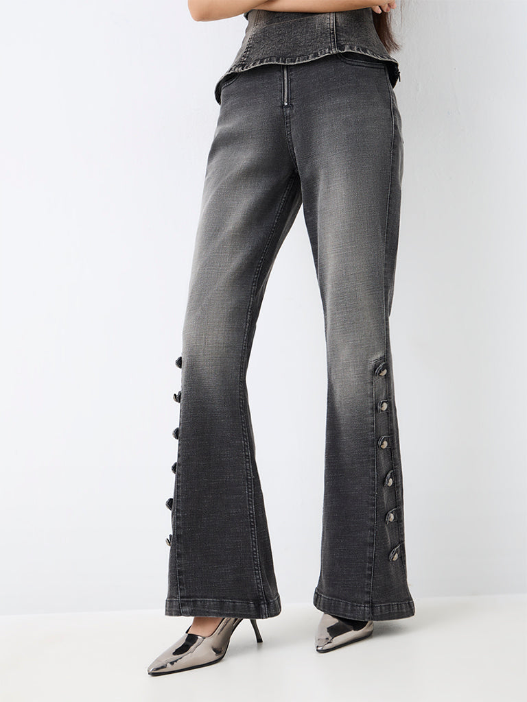 Nuon Charcoal Wash High-Waist Bootcut Jeans with Button-Detailing