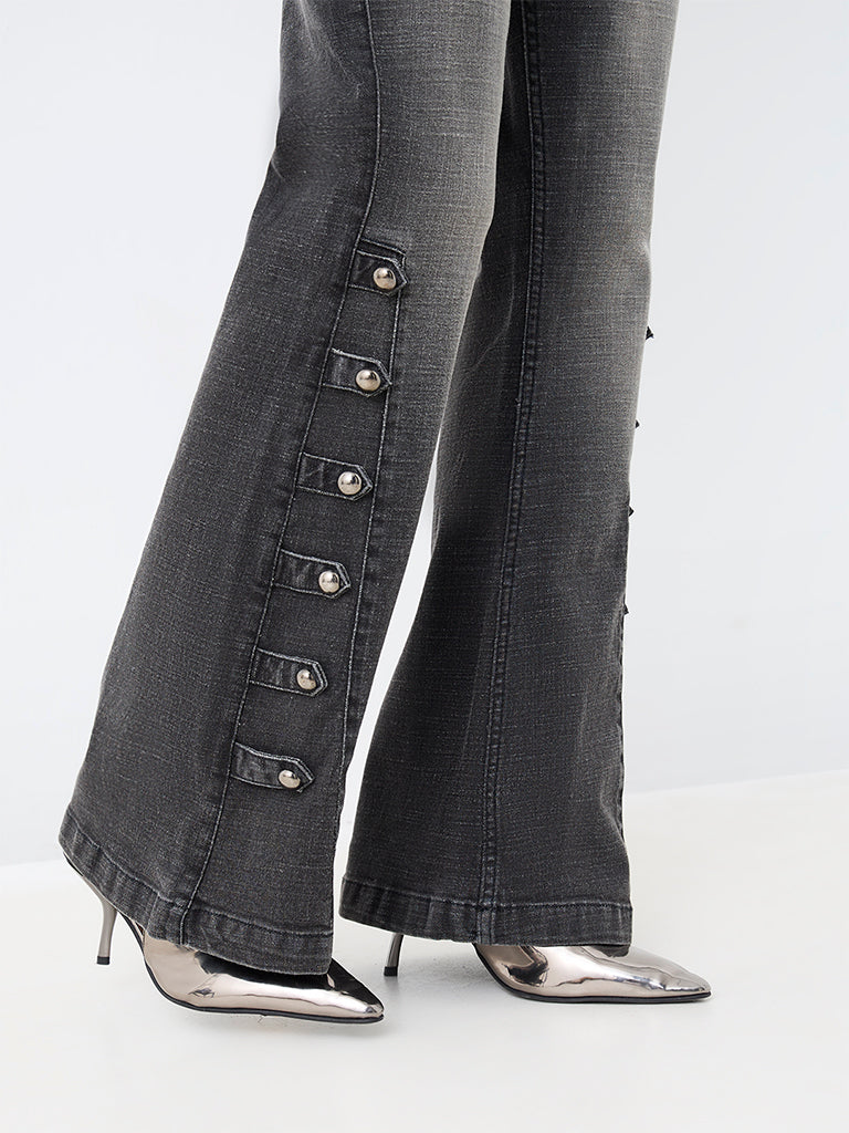 Nuon Charcoal Wash High-Waist Bootcut Jeans with Button-Detailing