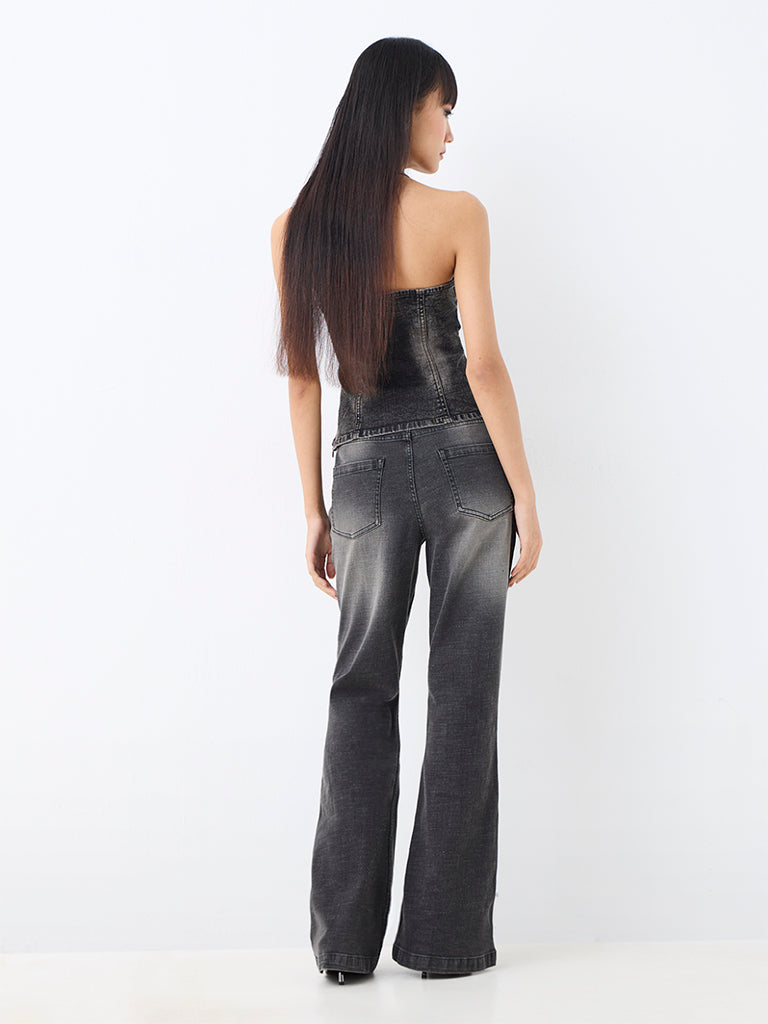 Nuon Charcoal Wash High-Waist Bootcut Jeans with Button-Detailing