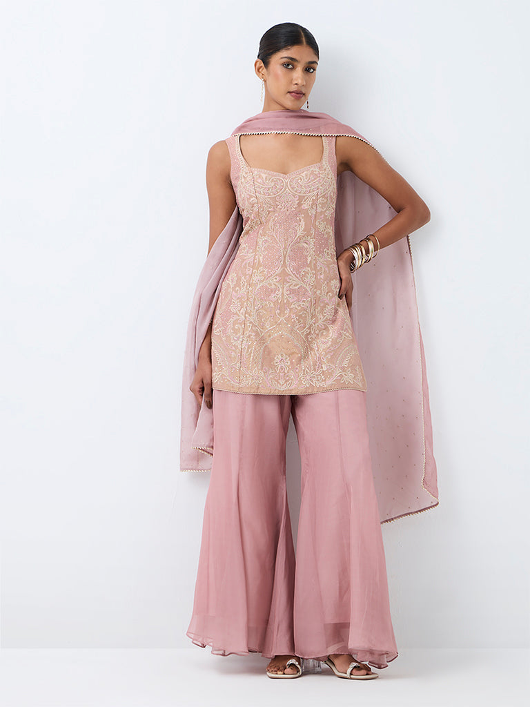 Vark Dusty Pink Floral Embroidered Short Kurta and Flared Palazzos Set
