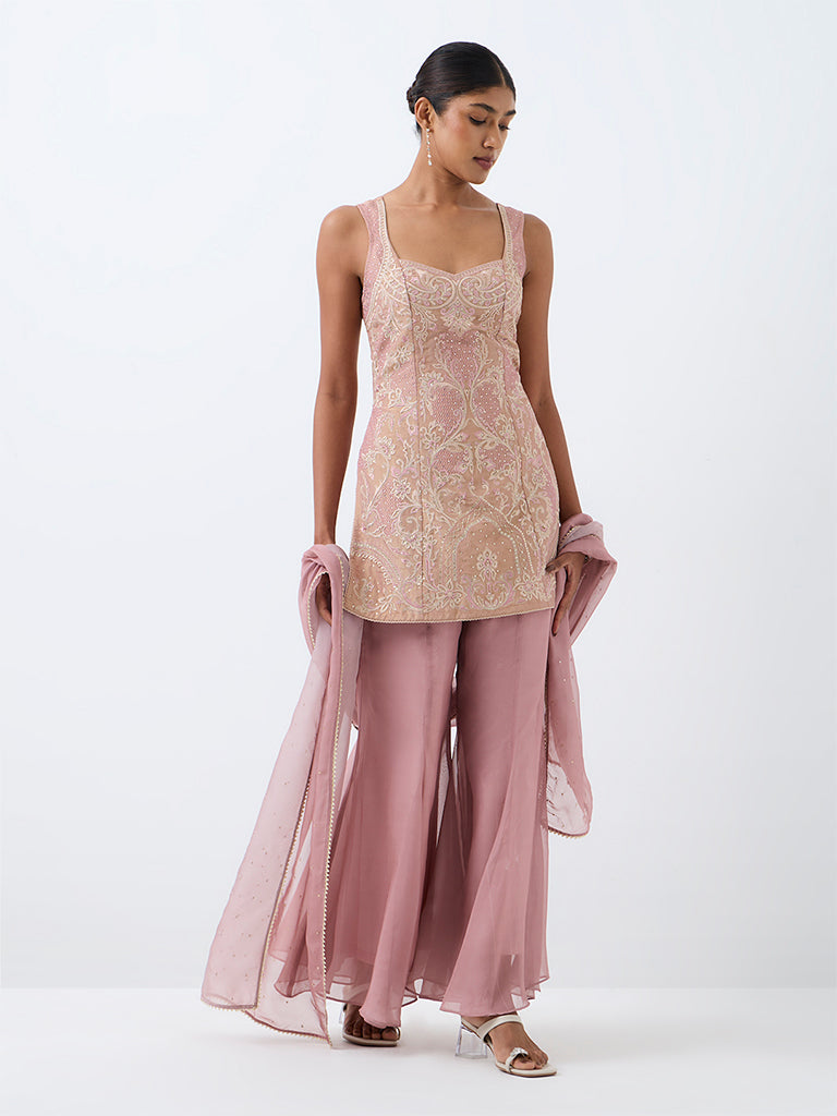 Vark Dusty Pink Floral Embroidered Short Kurta and Flared Palazzos Set