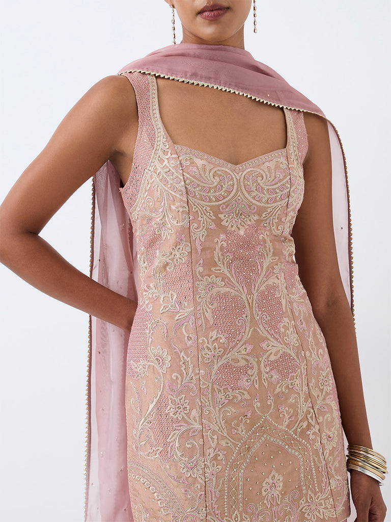 Vark Dusty Pink Floral Embroidered Short Kurta and Flared Palazzos Set