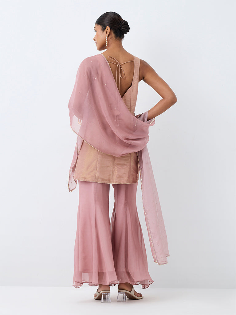 Vark Dusty Pink Floral Embroidered Short Kurta and Flared Palazzos Set
