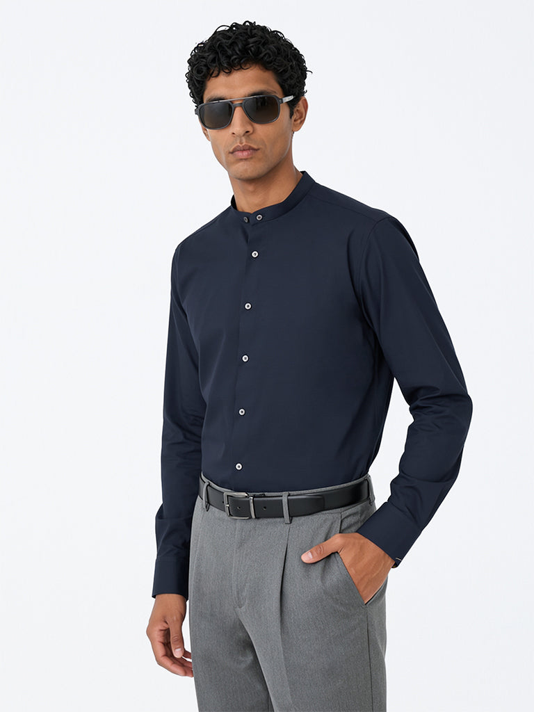 WES Formals Navy Solid Slim-Fit Shirt