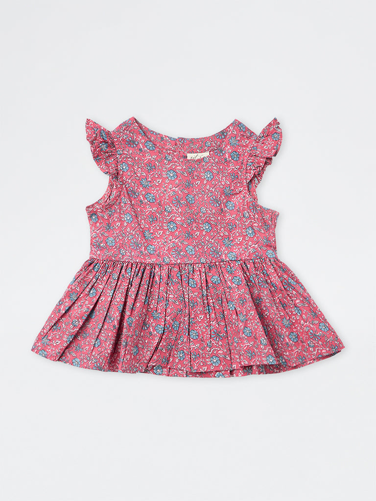 Utsa Kids Girls Dusty Pink Floral Printed Cotton Peplum Top - (8-14 yrs)