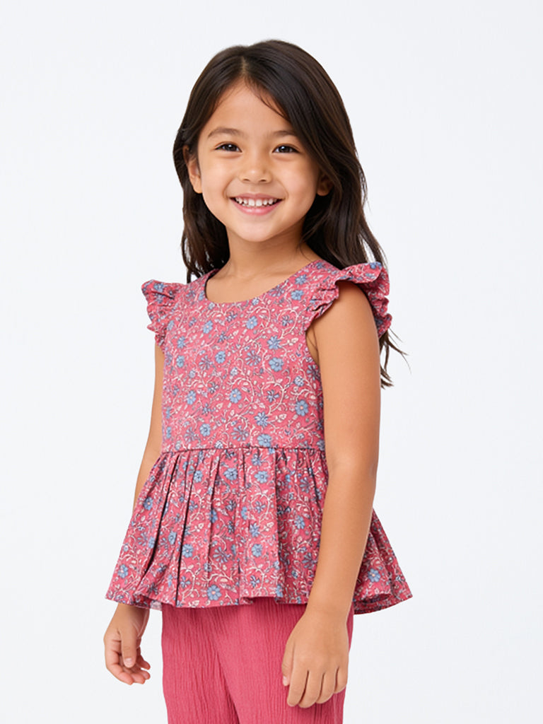 Utsa Kids Girls Dusty Pink Floral Printed Cotton Peplum Top - (8-14 yrs)