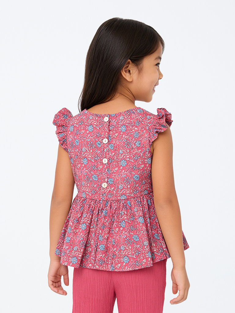 Utsa Kids Girls Dusty Pink Floral Printed Cotton Peplum Top - (8-14 yrs)