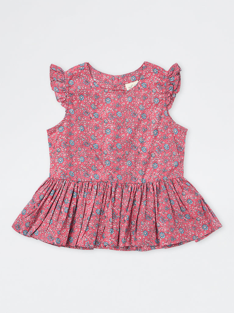 Utsa Kids Girls Dusty Pink Floral Printed Cotton Peplum Top - (8-14 yrs)