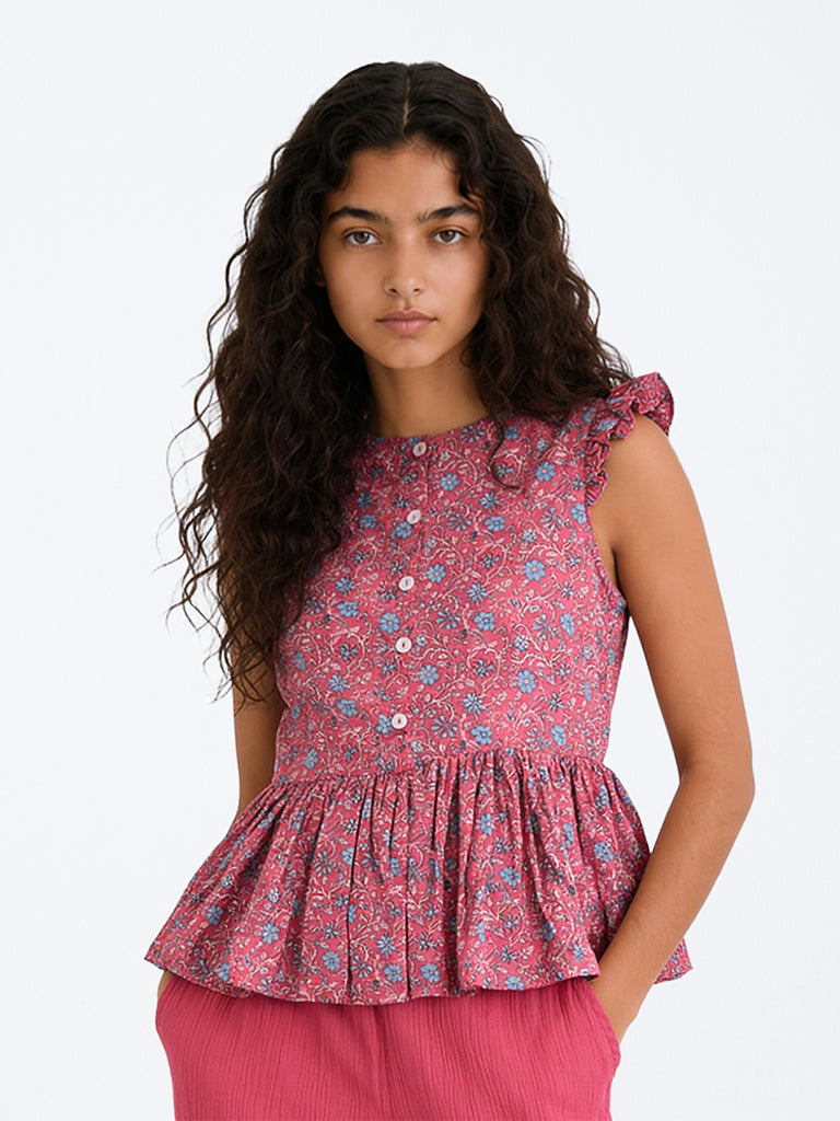 Utsa Kids Girls Dusty Pink Floral Printed Cotton Peplum Top - (8-14 yrs)