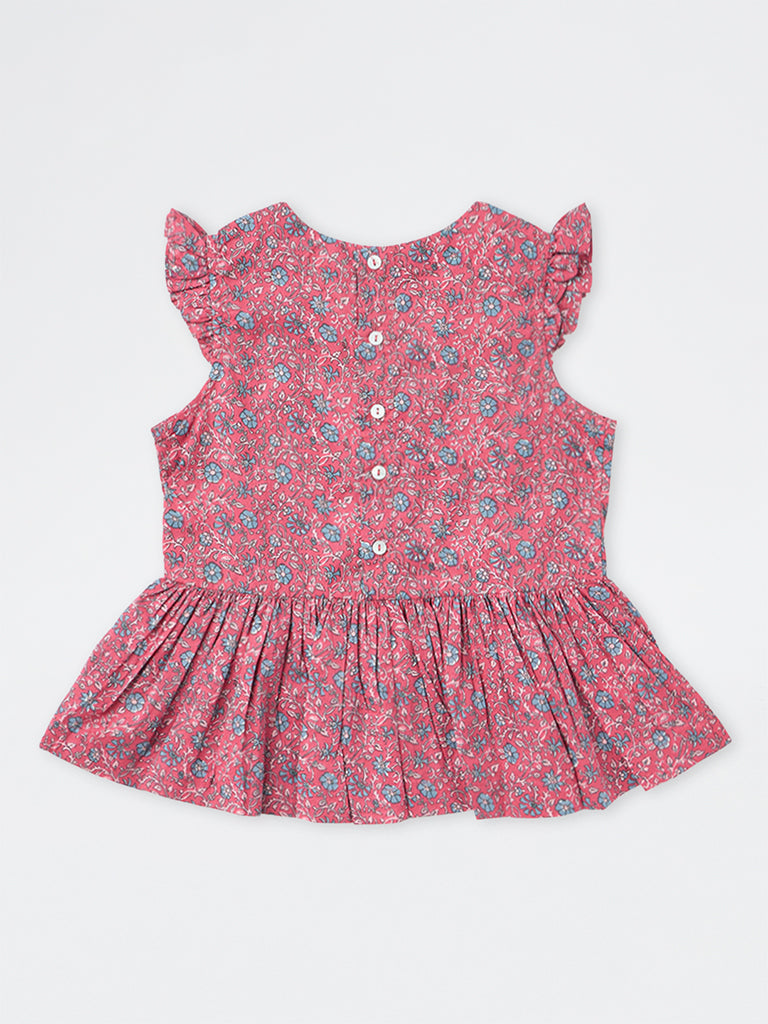 Utsa Kids Girls Dusty Pink Floral Printed Cotton Peplum Top - (8-14 yrs)