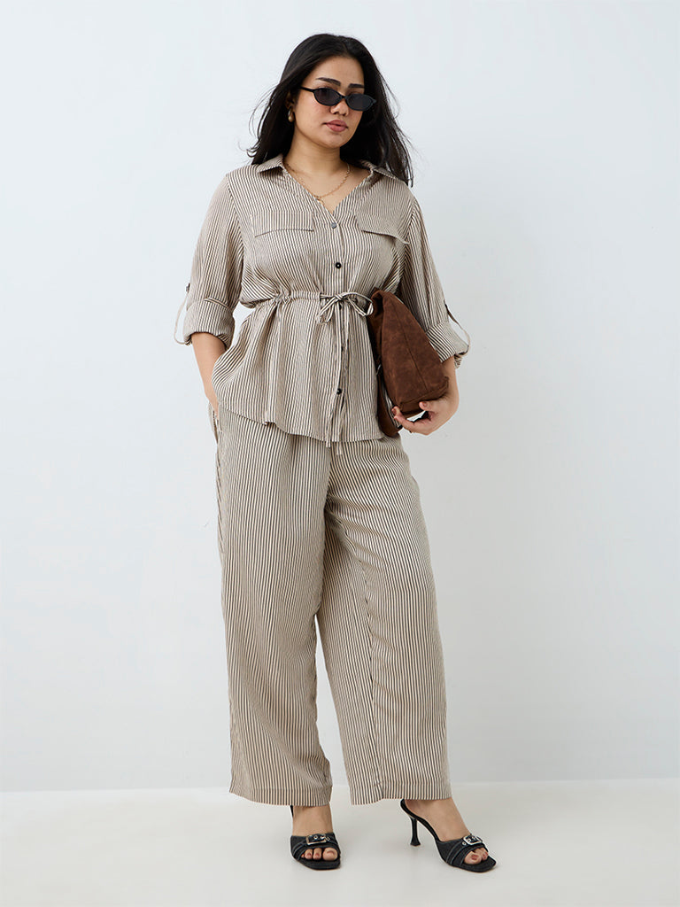 Gia Light Beige Striped High-Rise Trousers