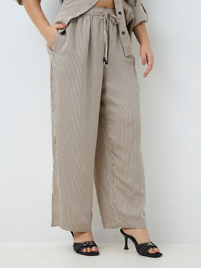 Gia Light Beige Striped High-Rise Trousers