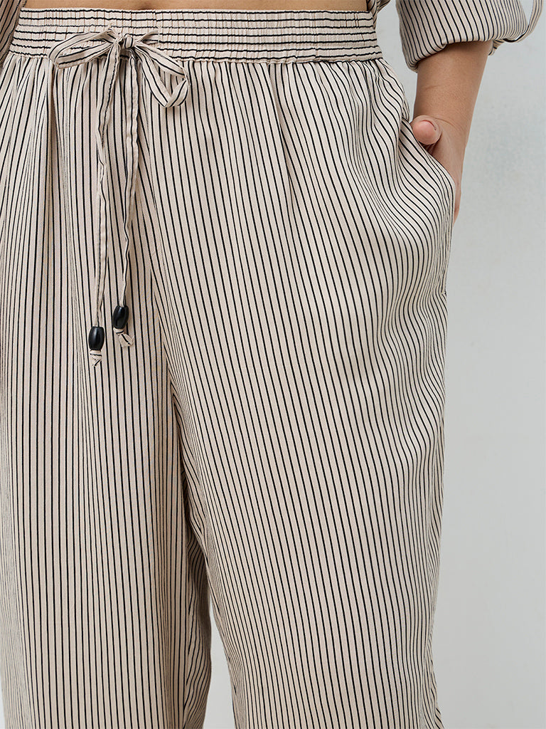 Gia Light Beige Striped High-Rise Trousers