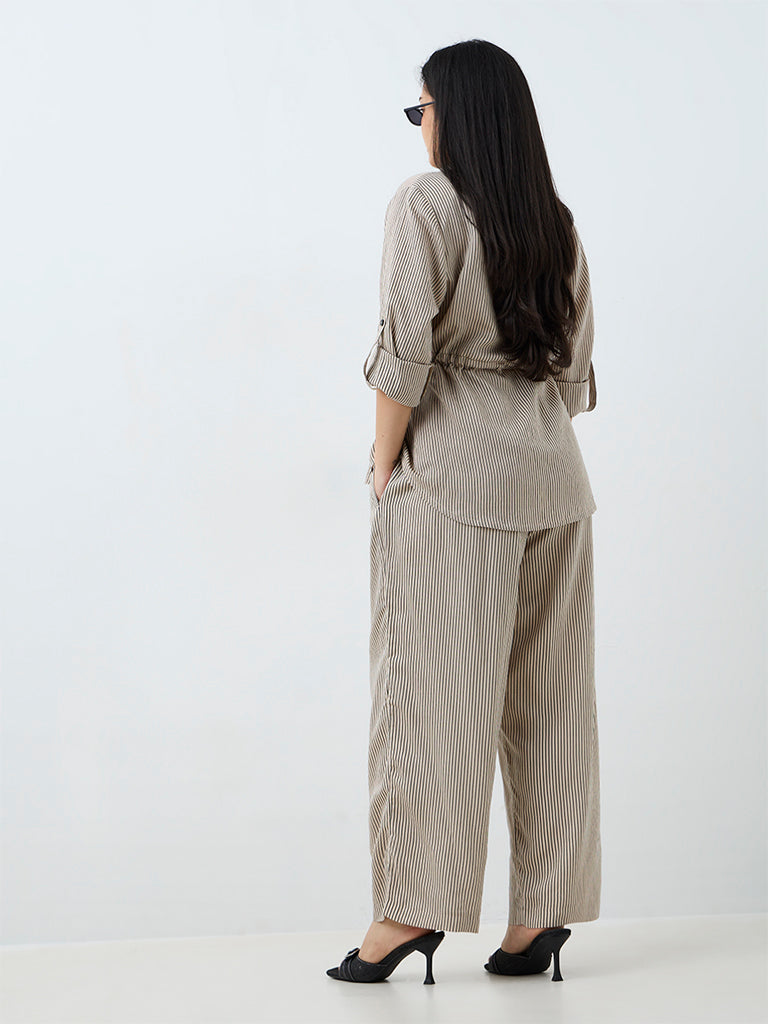 Gia Light Beige Striped High-Rise Trousers