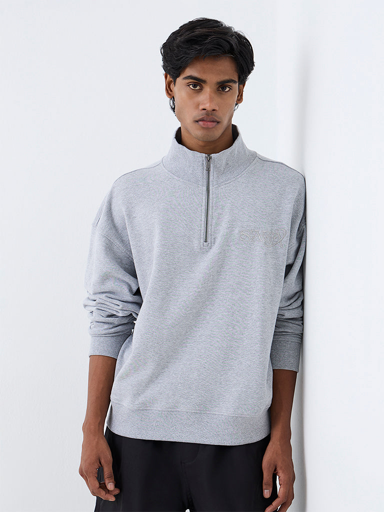 Nuon Grey Quarter-Zip Oversized Cotton-Blend Sweatshirt