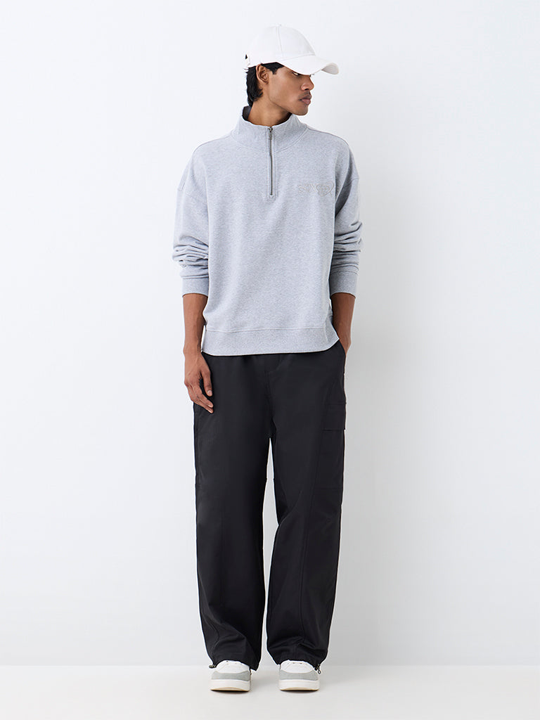 Nuon Grey Quarter-Zip Oversized Cotton-Blend Sweatshirt